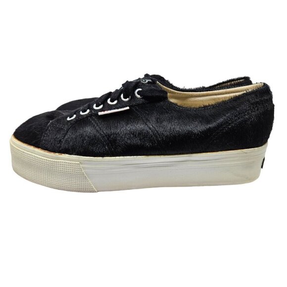 Superga Pony Hair Platform Sneakers Shoes Black & White Women’s Size 10 Lace Up - Picture 2 of 10